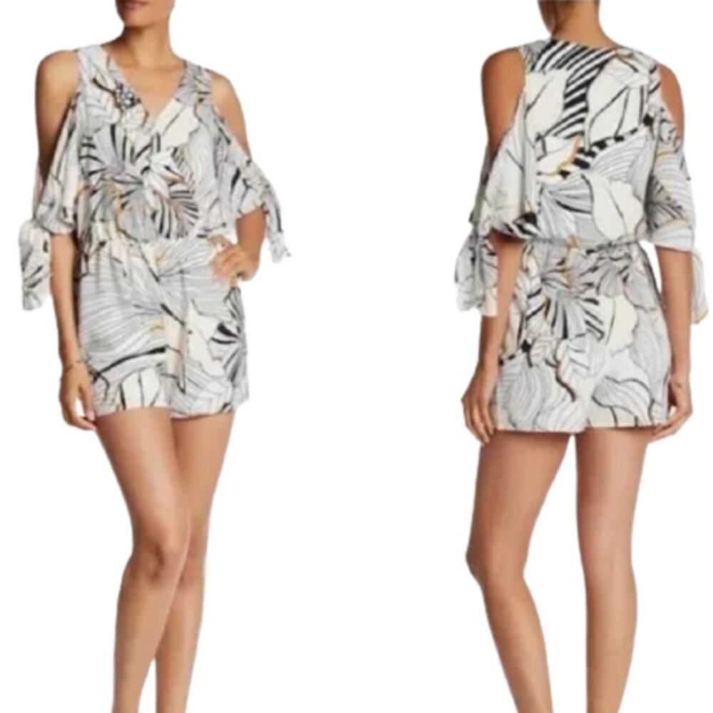 Adelyn Rae Cold Shoulder Leaf Floral Shorts Romper White Medium